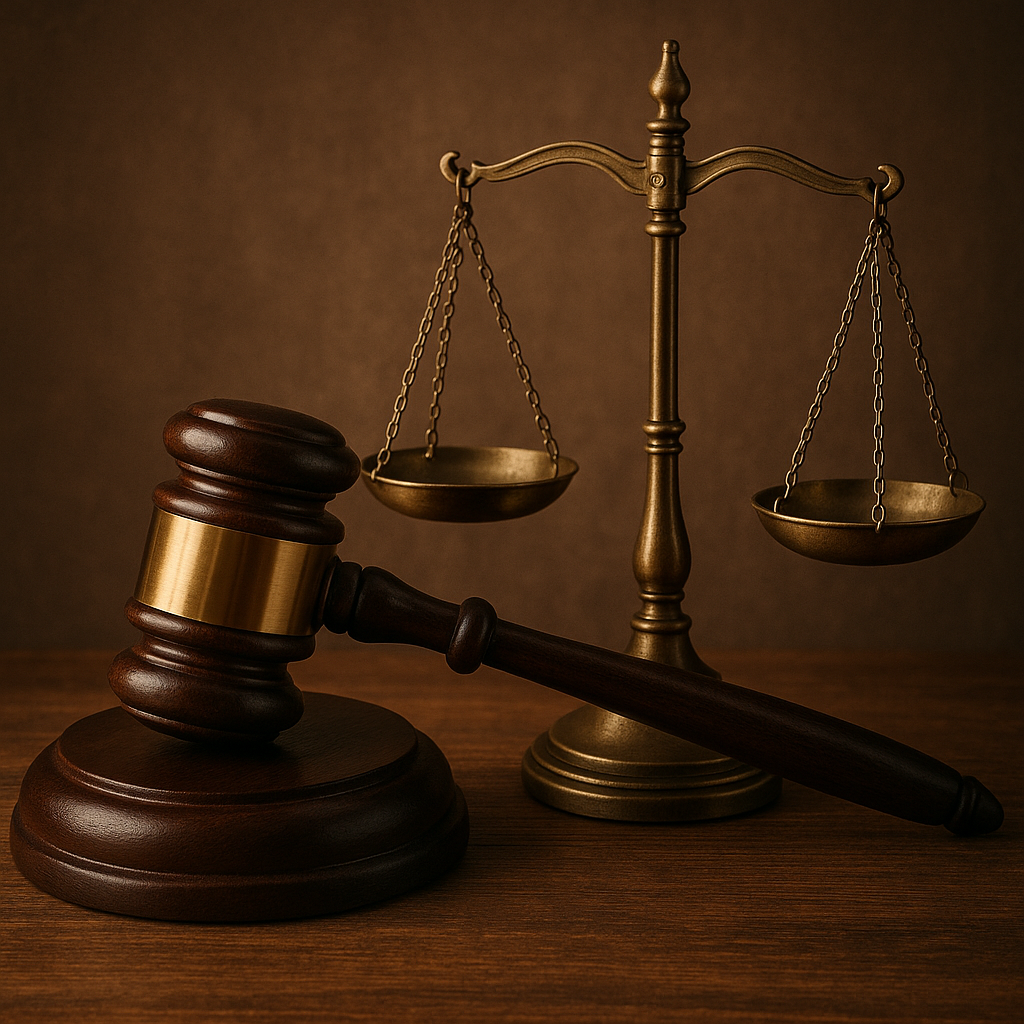 imagem de uma balança e um martelo ao fundo